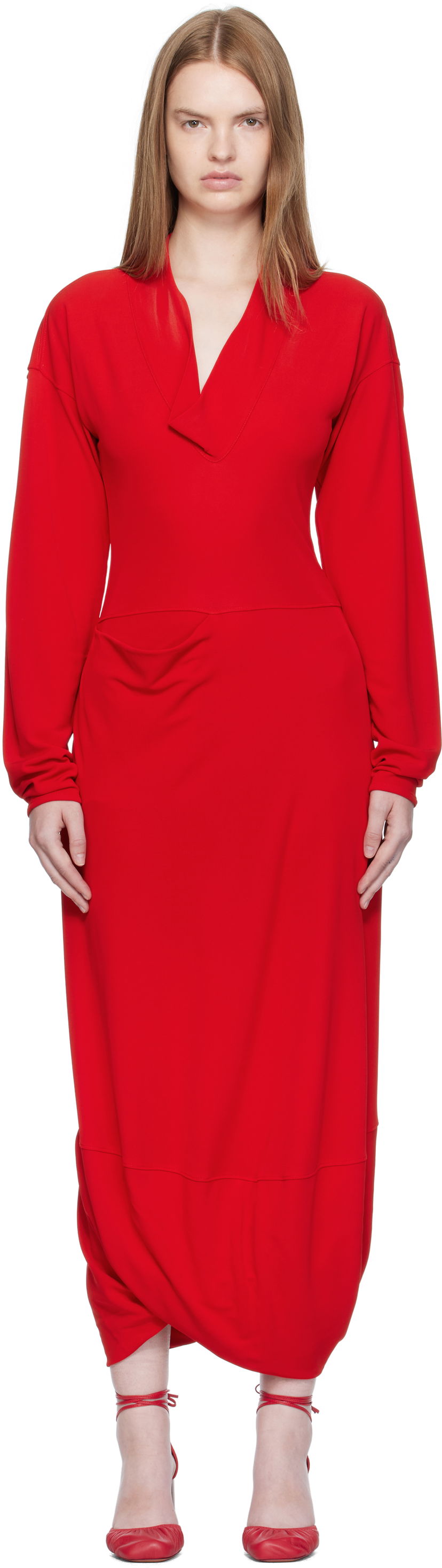 Obleke LEMAIRE LEMAIRE V Neck Maxi Dress Rdeča | DR1127 LJ1040