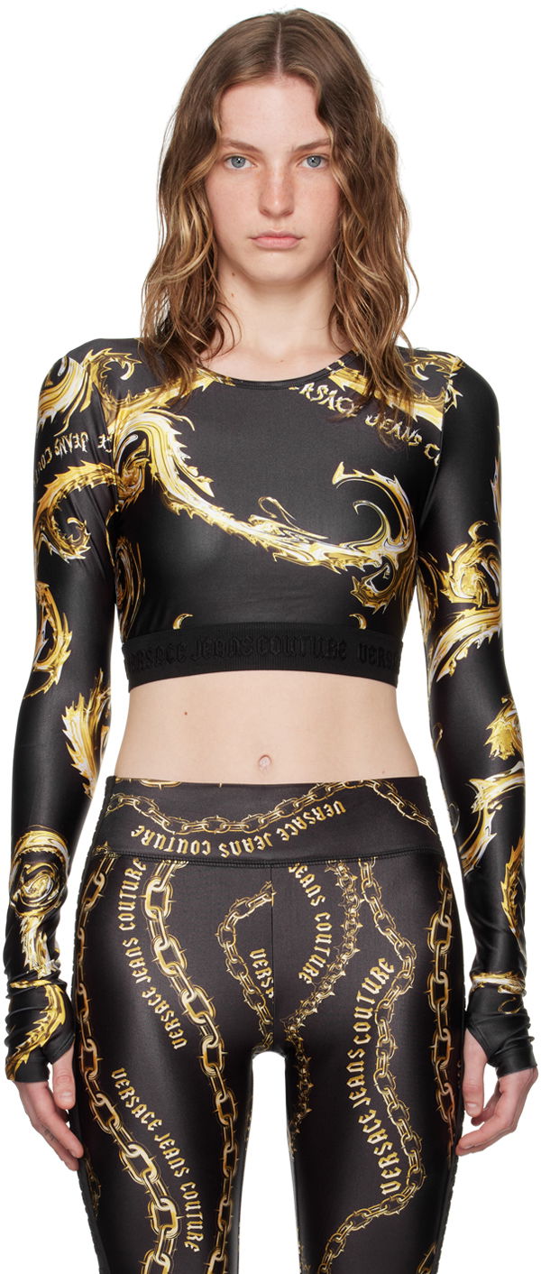 Majica Versace Jeans Couture Black & Gold Chromo Couture Long Sleeve T-Shirt Črna | E77HAH218_EJS360
