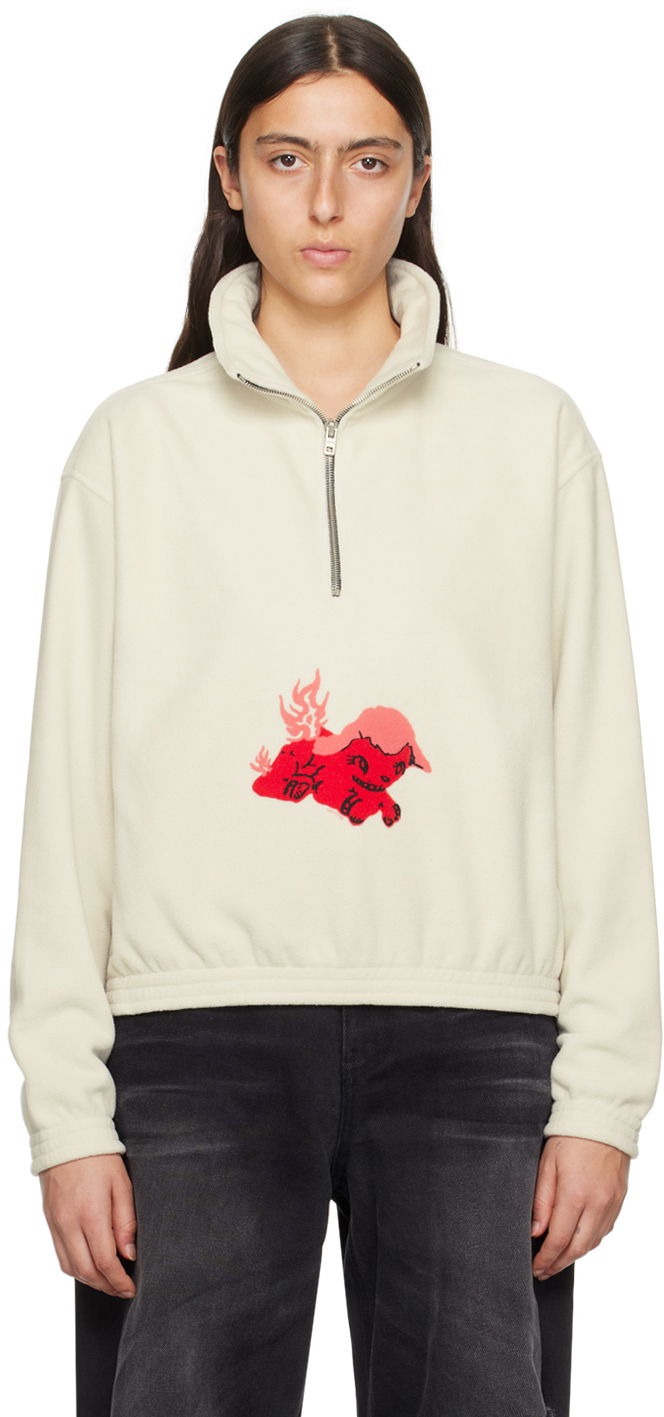 Pulover We11done Pony Fleece Half-Zip Sweatshirt Bela | WD-TS3-23-893-U-WH