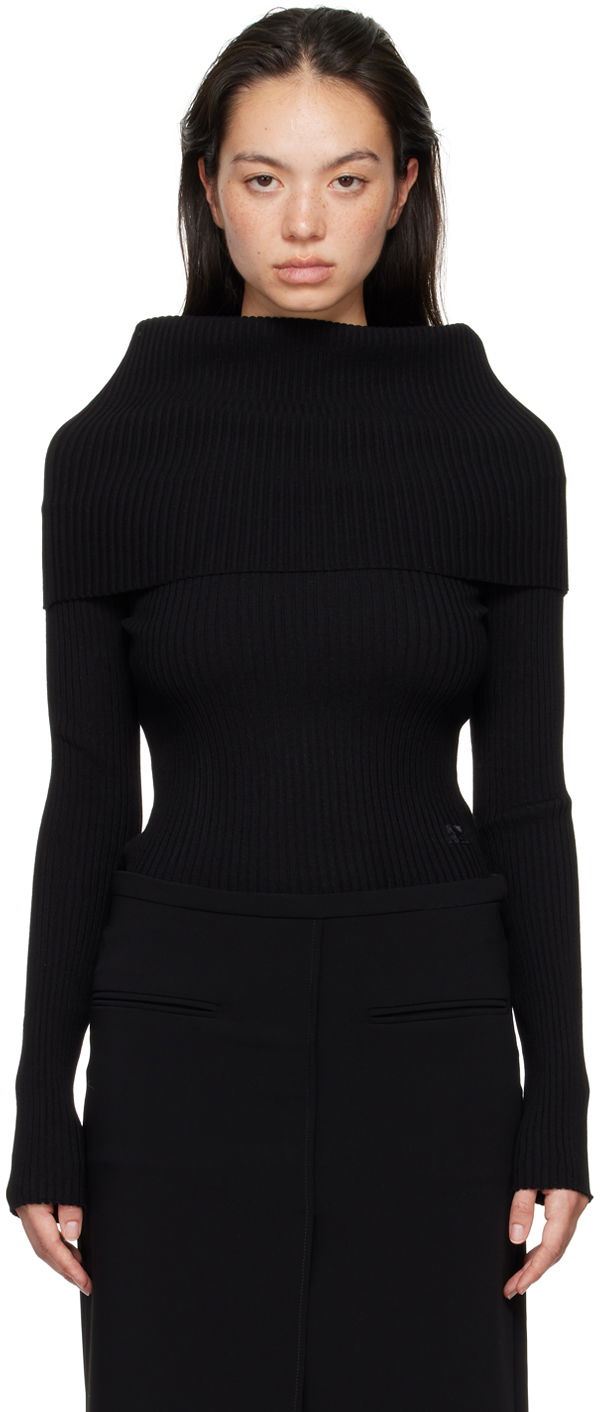 Pleteni pulover Courrèges Courrèges Women's Fitted Off Shoulder Sweater Črna | 324MPU189FI0001
