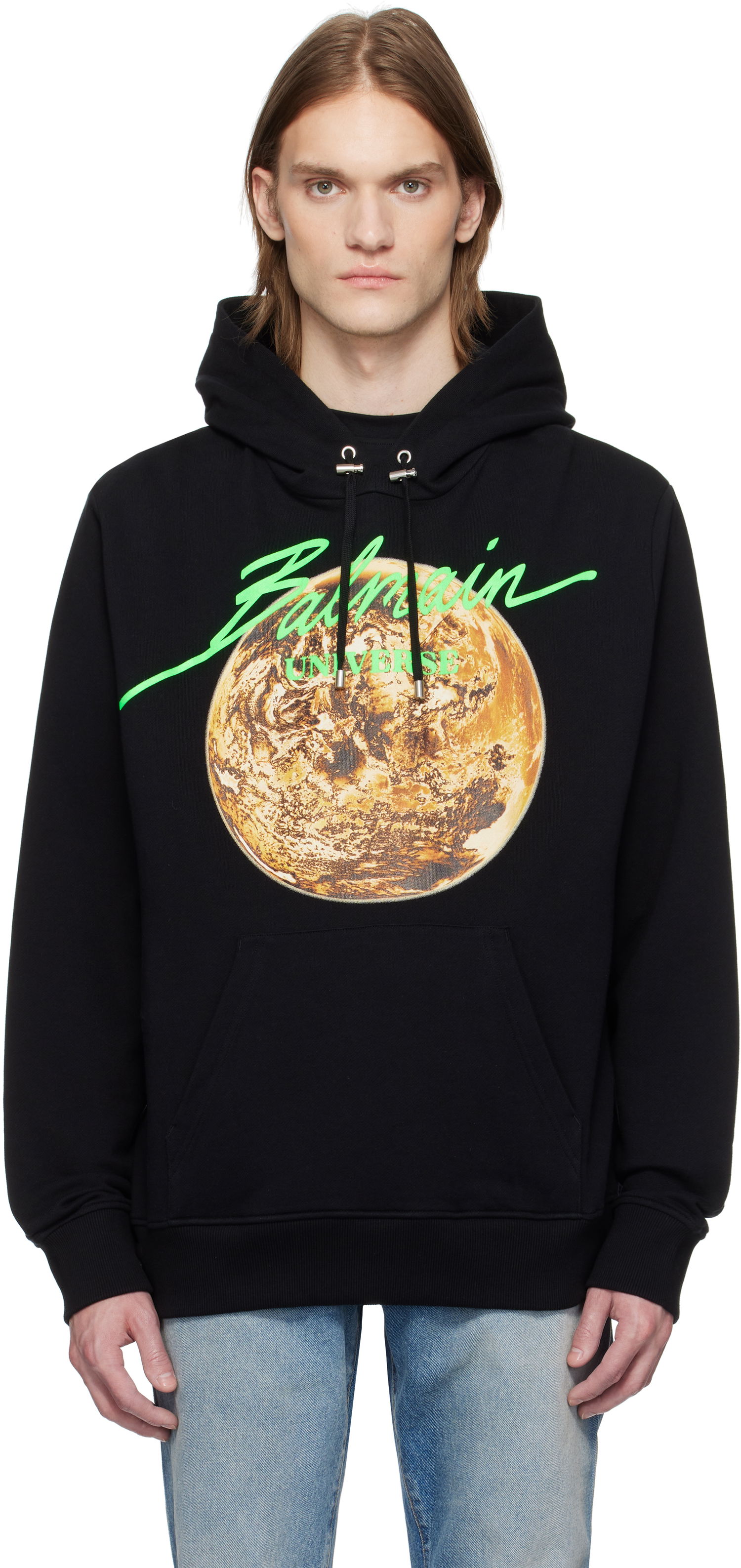 Pulover Balmain Balmain Universe Logo and Planet Print Hoodie Črna | EH0JT047GE78, 0