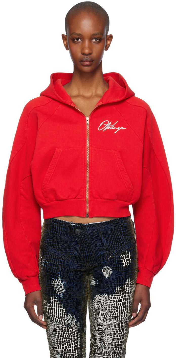 Pulover Ottolinger Ottolinger Multiline Zip Cropped Hoodie Rdeča | 1150202621