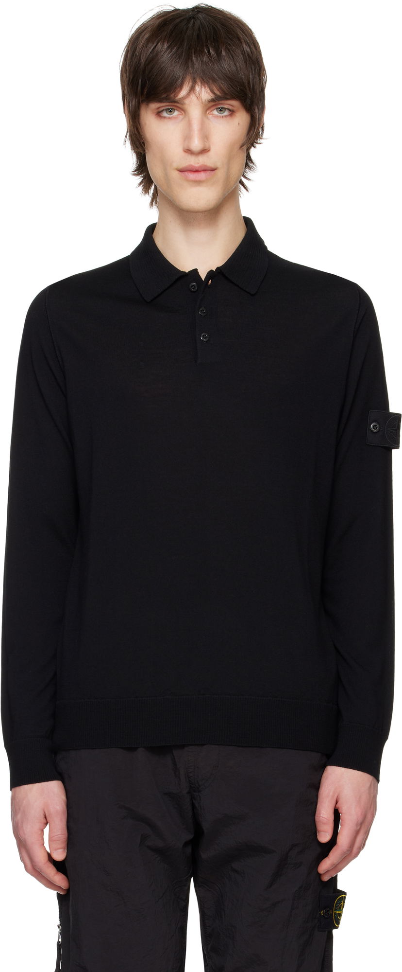 Pleteni pulover Stone Island Stone Island Pure Wool Long Sleeve Polo Črna | K1S15 5100071 S00FC