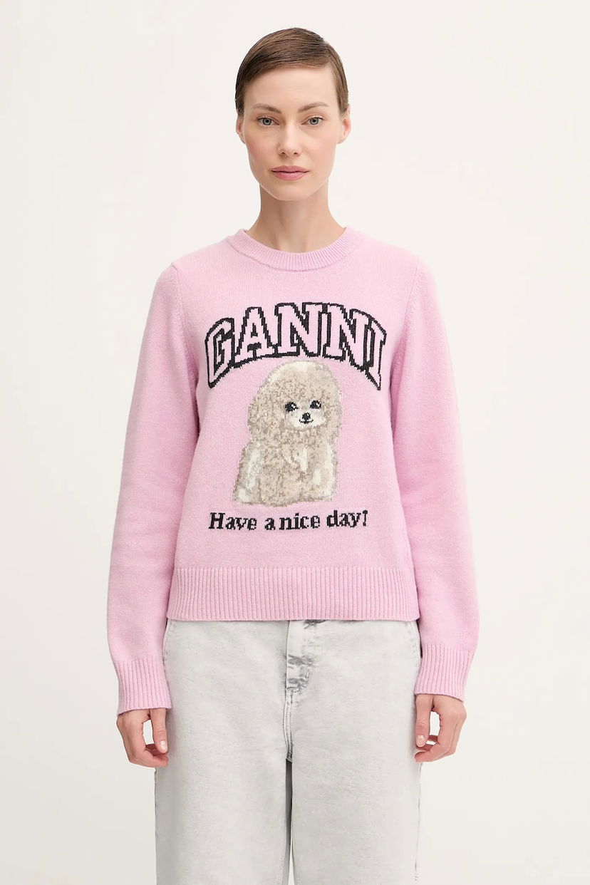 Pleteni pulover GANNI GANNI Graphic Wool Mix Poodle Sweater Roza | K2499