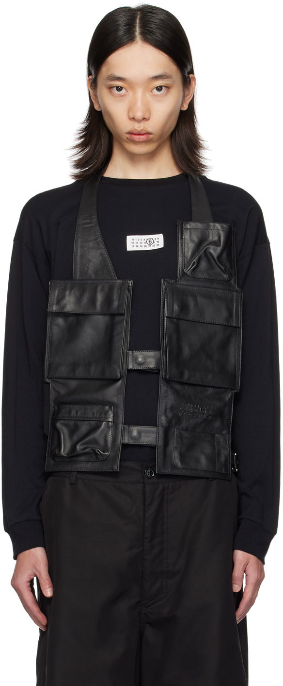 Telovnik Maison Margiela MM6 Black Pocket Leather Vest Črna | SH0FB0004 M07004