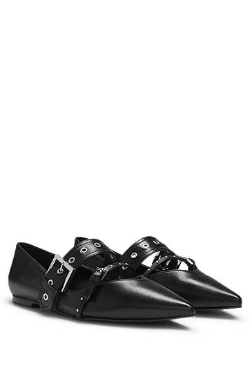 Oblačila in dodatki BOSS Nappa Leather Ballerina Pumps with Buckled Straps Črna | 50536400