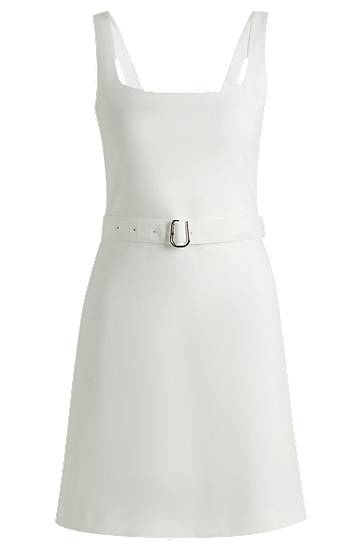 Obleke BOSS Square Neck Belted A-Line Dress Bela | 50537631