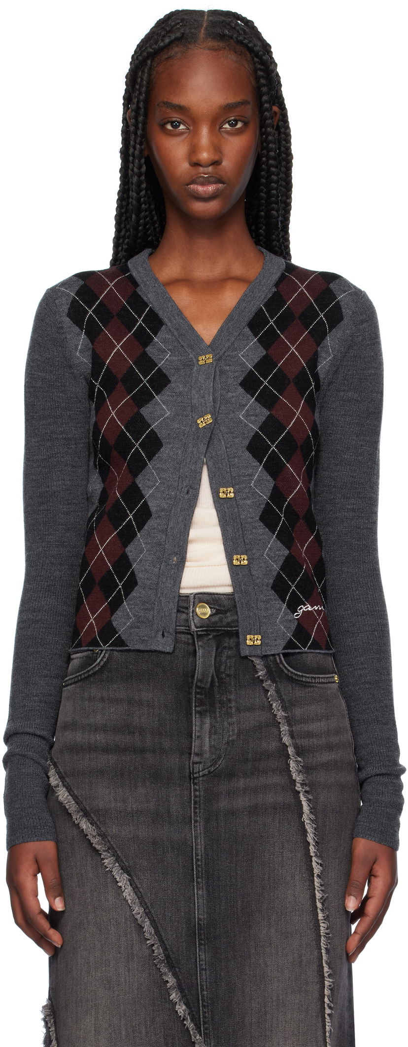 Pleteni pulover GANNI Argyle Jacquard Knit Cardigan Siva | K2284