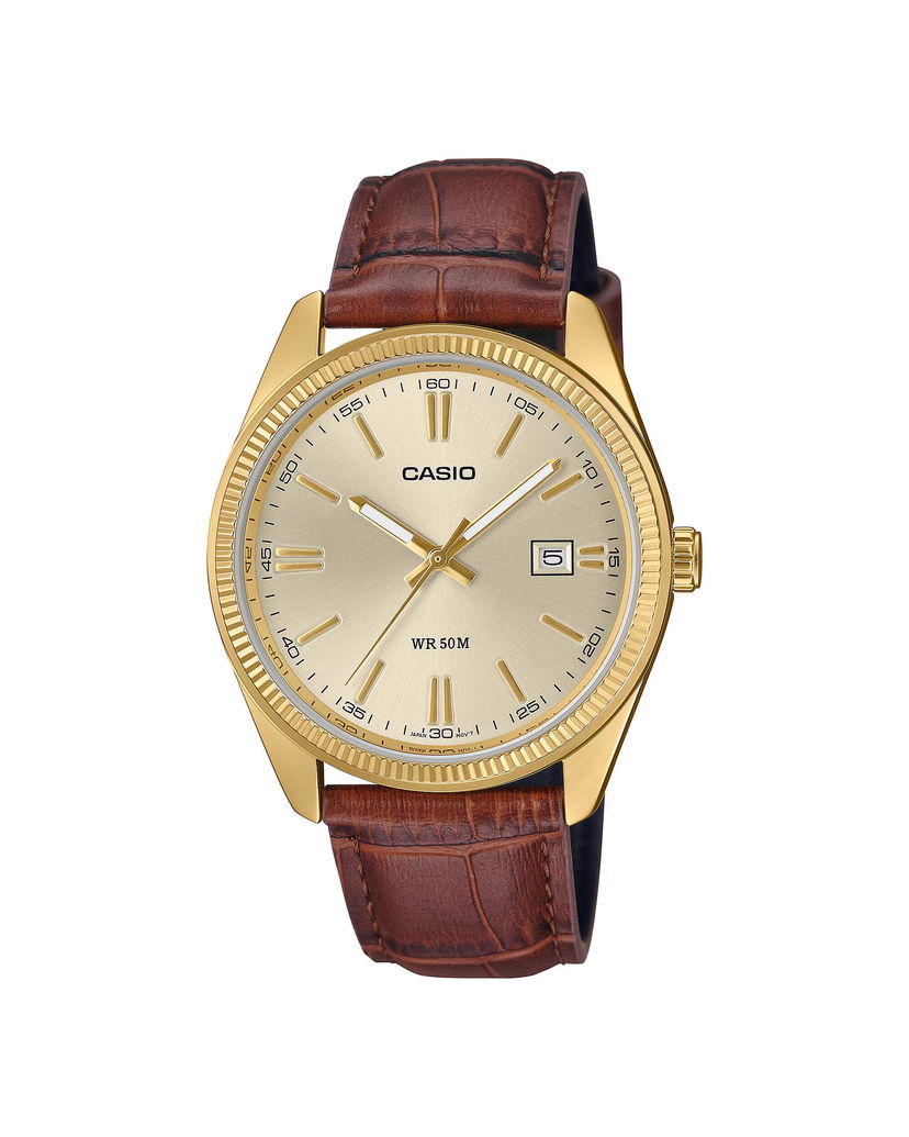 Ure CASIO Watch With Gold Stainless Steel Case And Brown Leather Strap Rjava | MTP-1302PGL-9AVEF