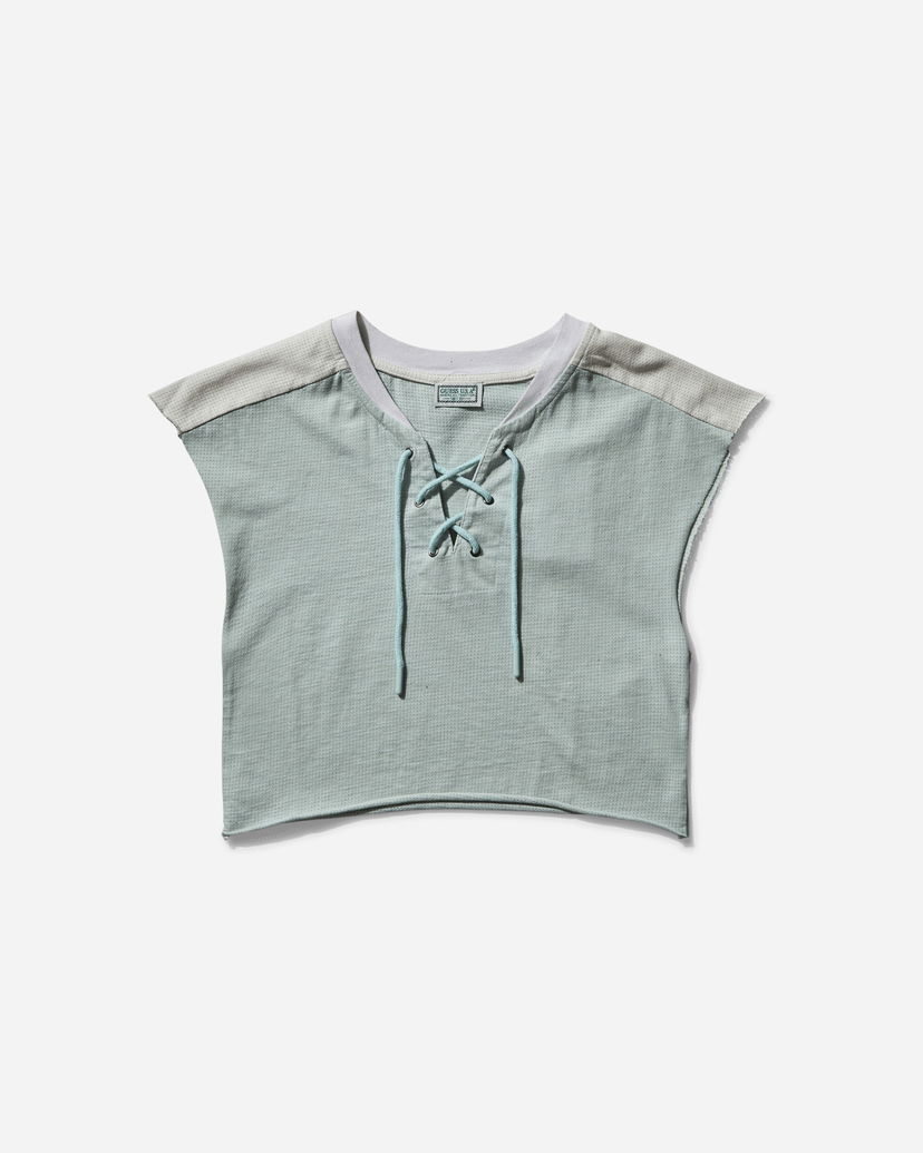 Krop-top GUESS Piqué Mesh Lace-Up Crop Top Zelena | W5GP02KCPJ0 F8S6