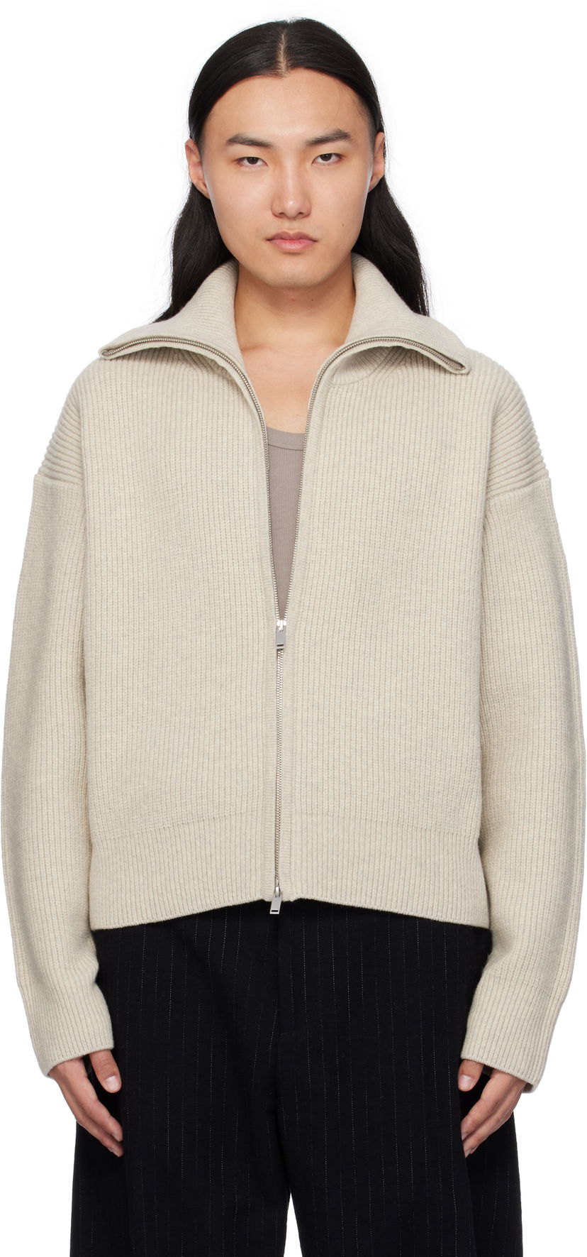 Pleteni pulover Studio Nicholson Studio Nicholson Sandos Knit Zip-Up Jacket Bež | SANDOS SNM - 1291