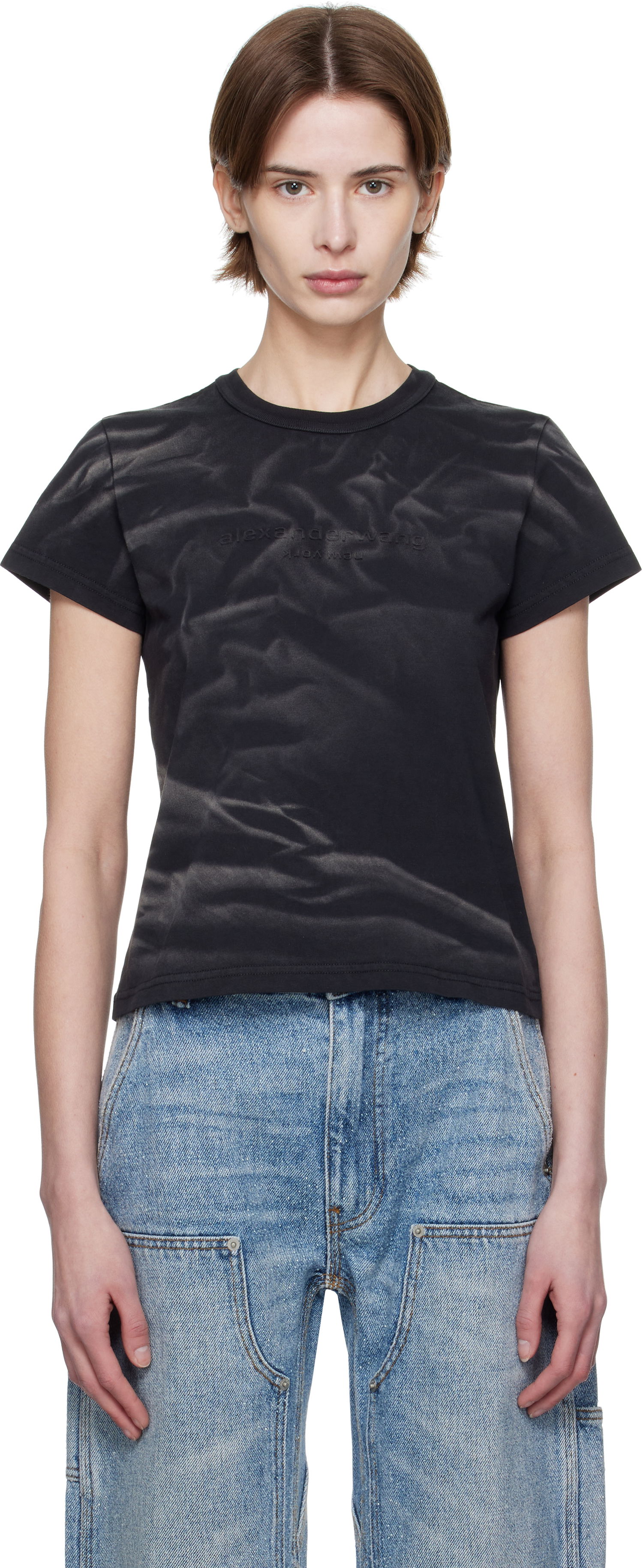 Majica Alexander Wang Alexander Wang Distressed Logo Shrunken T-Shirt Črna | 1CC1251990, 0