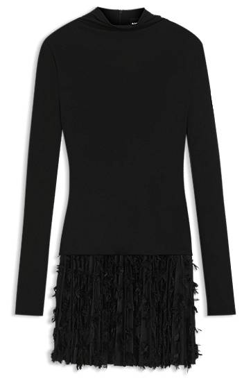 Obleke BOSS Long-Sleeve High-Neck Jersey Dress with Feathered Plissé Pleats Črna | 50548115