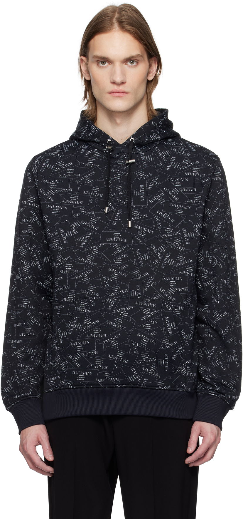 Pulover Balmain Balmain All-Over Label Print Hoodie Črna | EH1JT047GE38