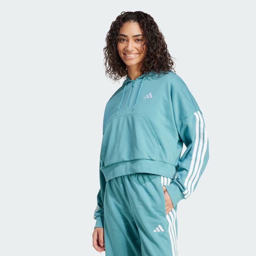 Pulover adidas Performance Essentials 3-Stripes French Terry Quarter-Zip Hoodie Turkizna | JX7677