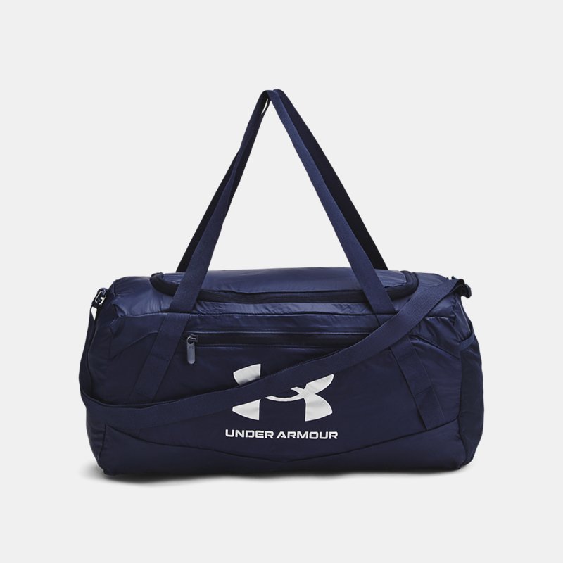 Nahrbtniki in torbe Under Armour Hustle 5.0 verstaubare XS Duffle-Tasche Midnight Blaue Marine / Metallisch Silber EINHEITSGRÖSSE Črna | 1381927-410