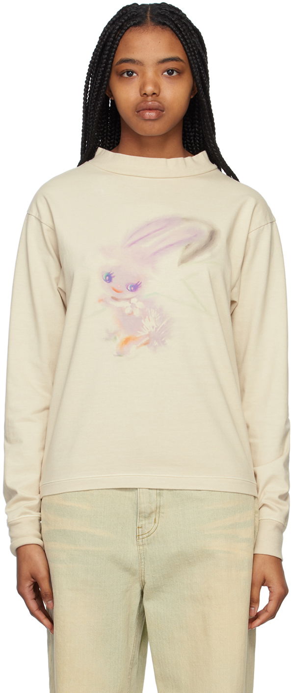 Pleteni pulover We11done We11done Crewneck Long Sleeve T-Shirt with Bunny Print Bež | WD-TT1-23-792-U-IV