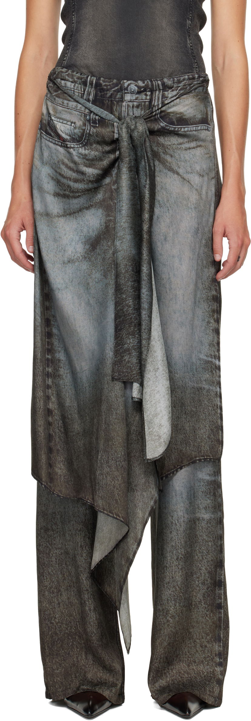 Hlače Diesel P-Aloma Draped Faded Denim Print Trousers Siva | A18579 0LKCT