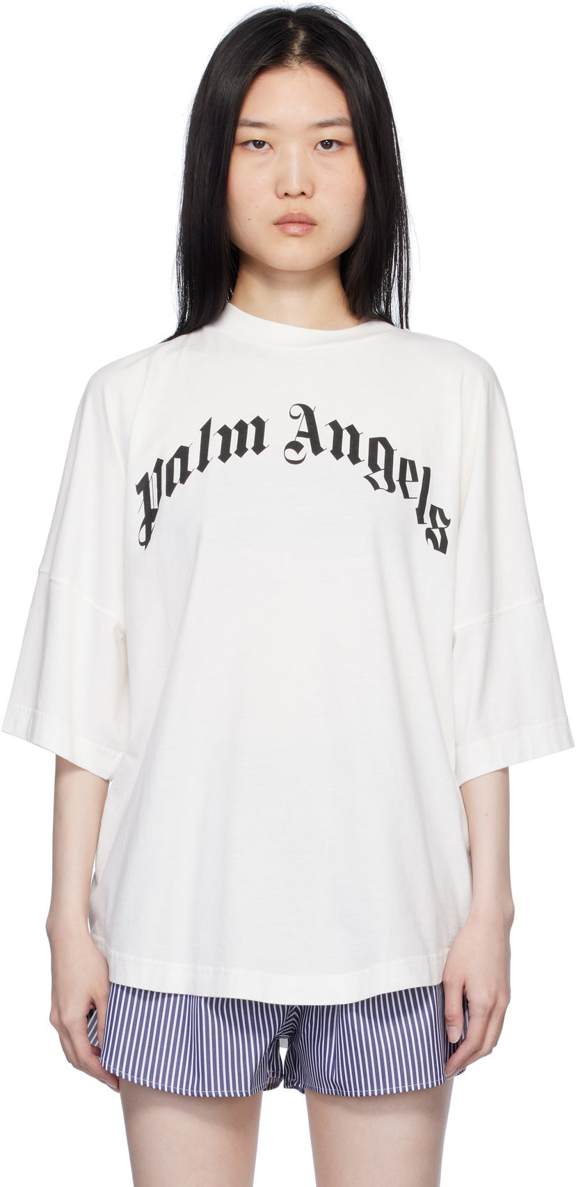 Majica Palm Angels Curved Logo Loose T-Shirt Bela | PWAA023S25JER0010310