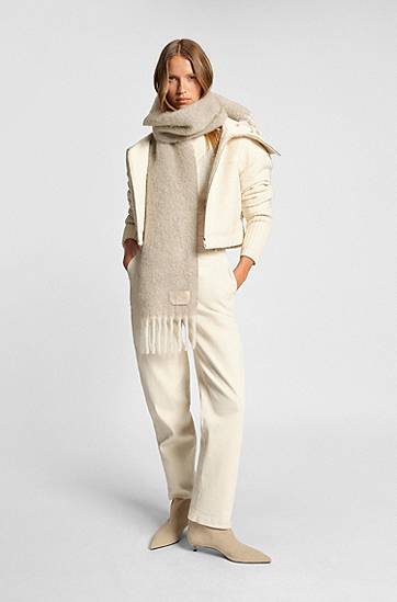 Šala BOSS Italian-made fringed scarf with wool and alpaca Bež | 50551696, 1