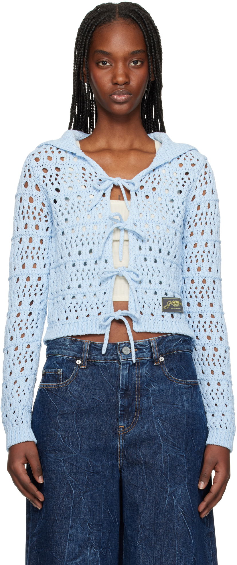 Pleteni pulover GANNI Ganni Tie String Knit Cardigan Modra | K2429