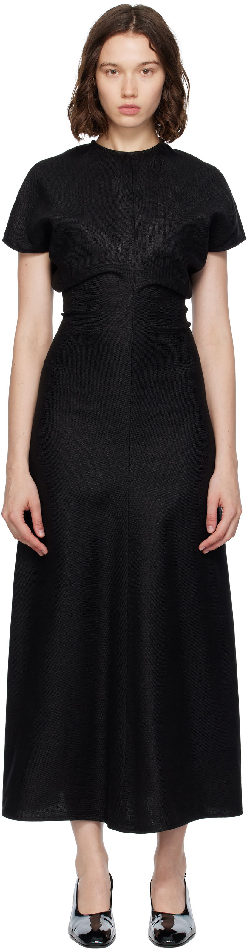 Obleke TOTEME TOTEME Slouch Waist Basketweave Midi Dress Črna | 253-WRD1103-FB0461