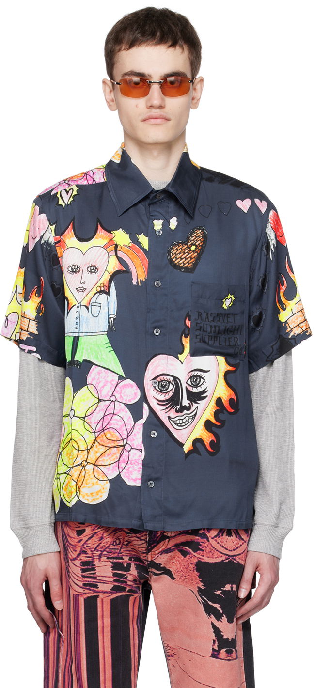 Srajce PACCBET Drawings Short Sleeve Button Up Shirt Mornarica | PACC12B005