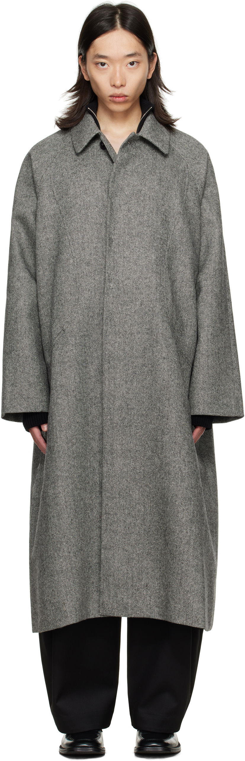Plašči sage NATION SAGE NATION Takeshi Herringbone Coat Siva | S028 TAKESHI COAT WOOL BLACK A