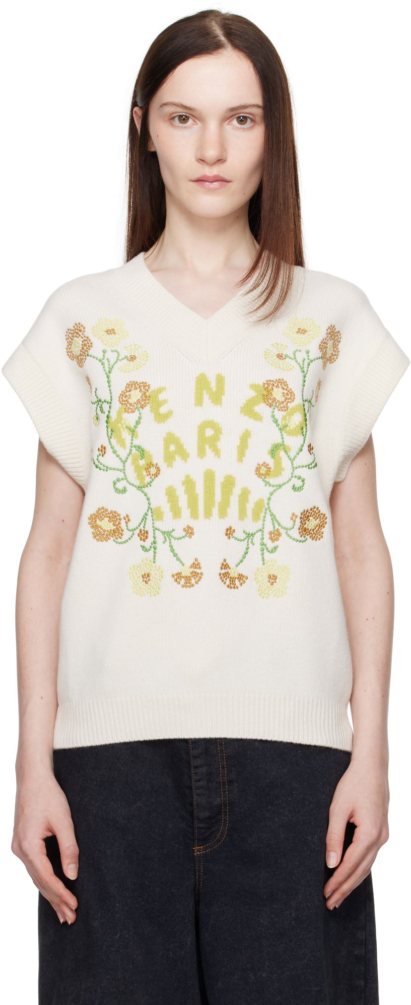 Pleteni pulover KENZO Jungle Flower Knit Vest Bela | FF52PU4943CN