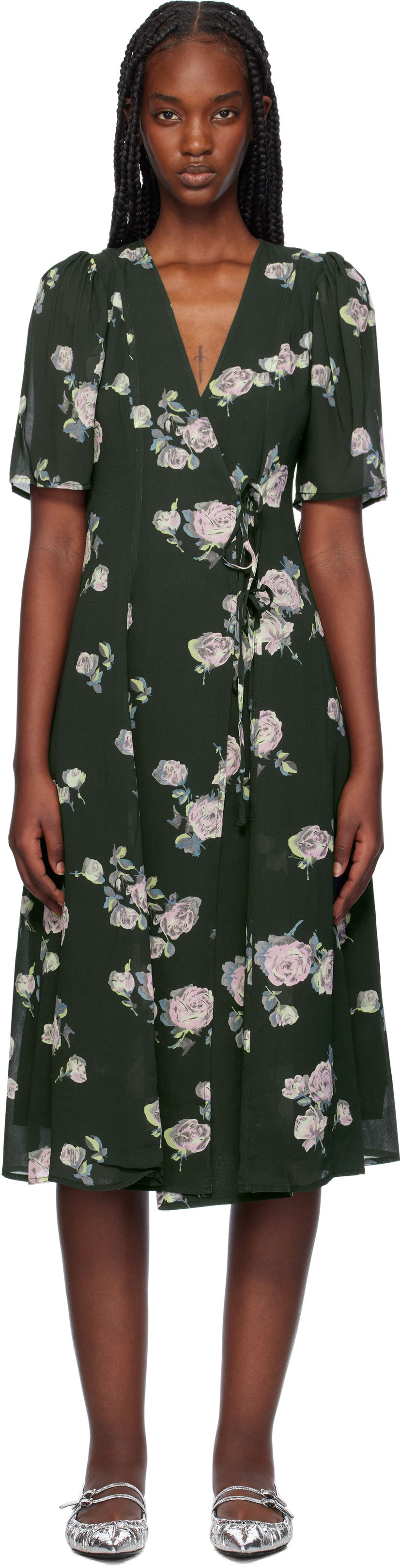 Obleke GANNI Floral Crepe Wrap Midi Dress Zelena | F9504