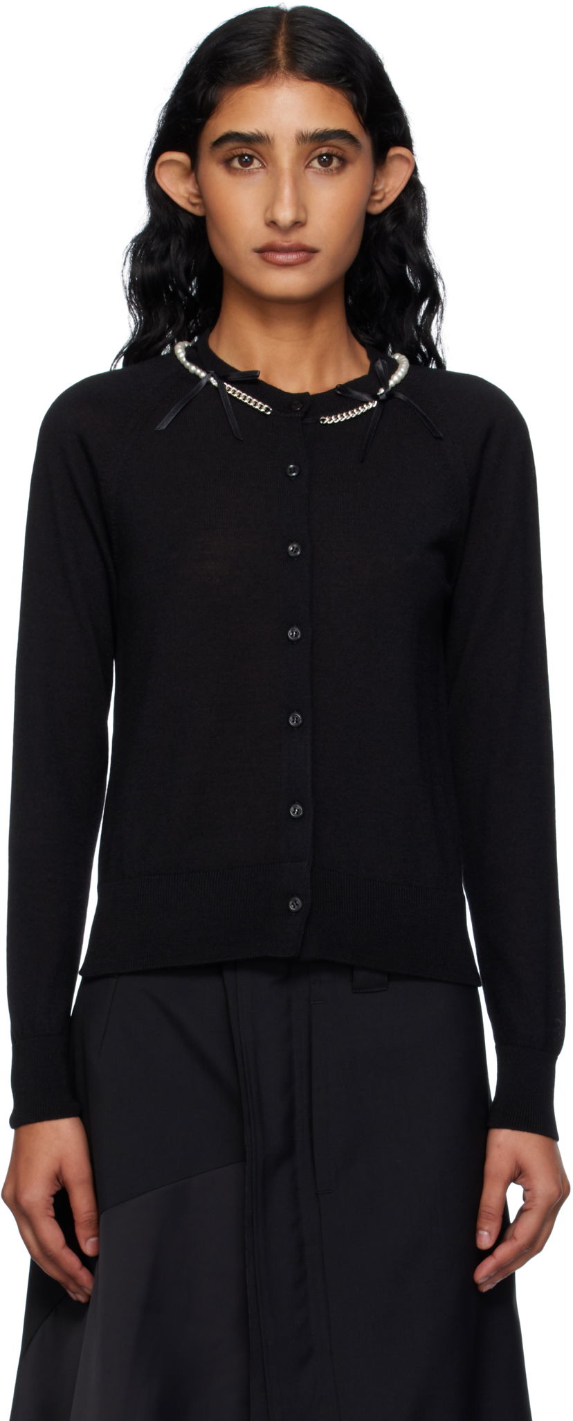 Pleteni pulover Simone Rocha Simone Rocha Pearl & Chain Bow Cardigan Črna | KMK13B 0647