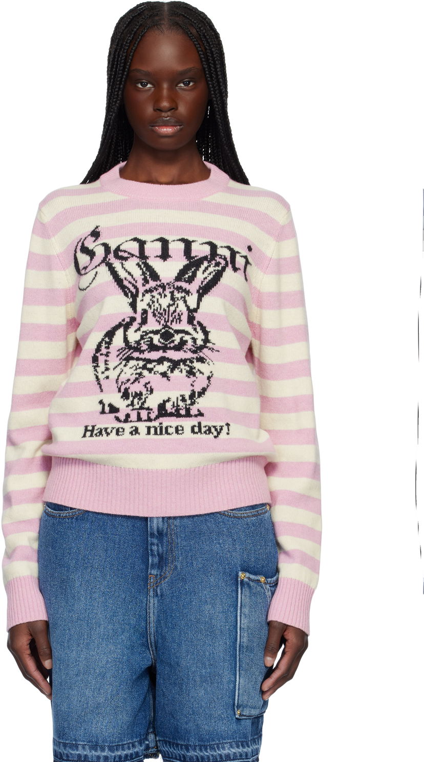 Pleteni pulover GANNI Ganni Striped Wool Bunny Sweater Roza | K2426