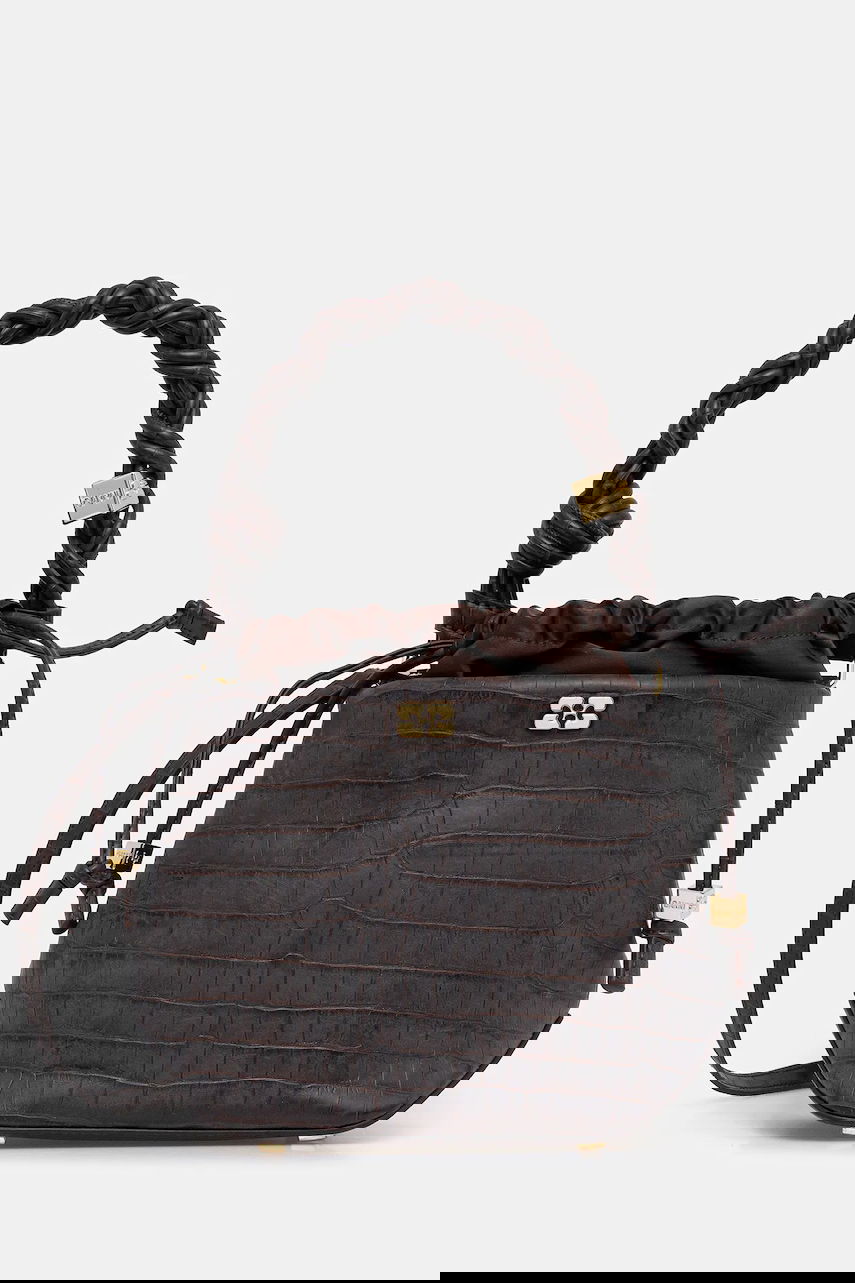 Torbica GANNI Bou Braided Handle Crocodile-Embossed Drawstring Bucket Bag Rjava | A6697, 0