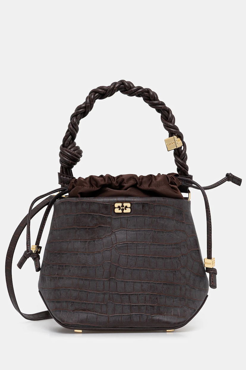 Torbica GANNI Bou Braided Handle Crocodile-Embossed Drawstring Bucket Bag Rjava | A6697