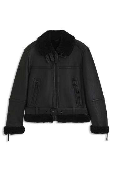 Jakna BOSS Aviator Leather Jacket with Shearling Trims and Belted Waist Črna | 50546494