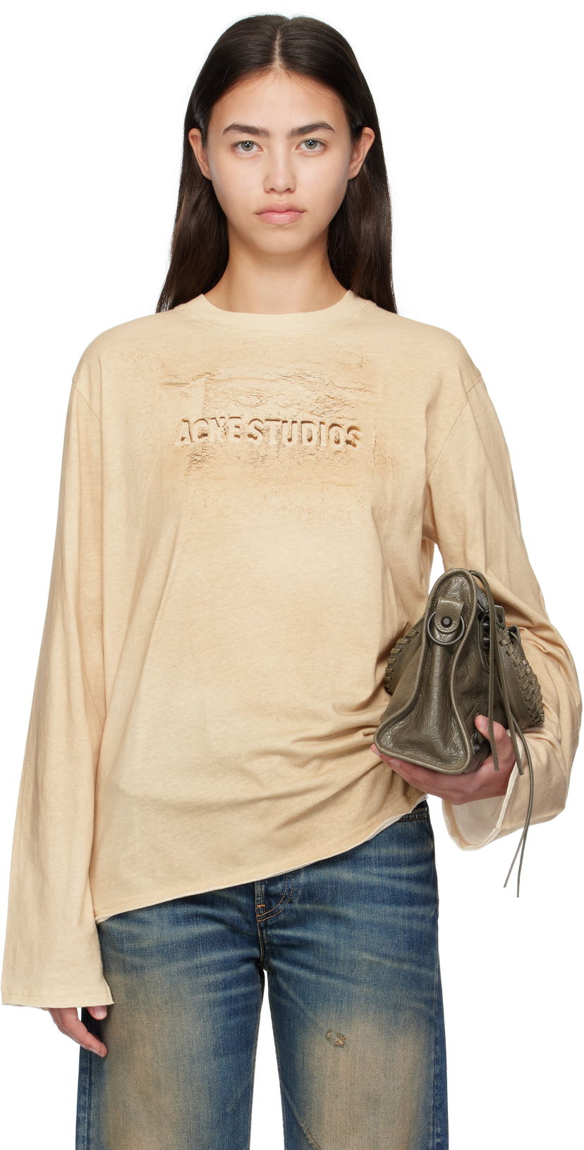 Majica Acne Studios Acne Studios Long Sleeve Logo T-Shirt Bež | CL0361-