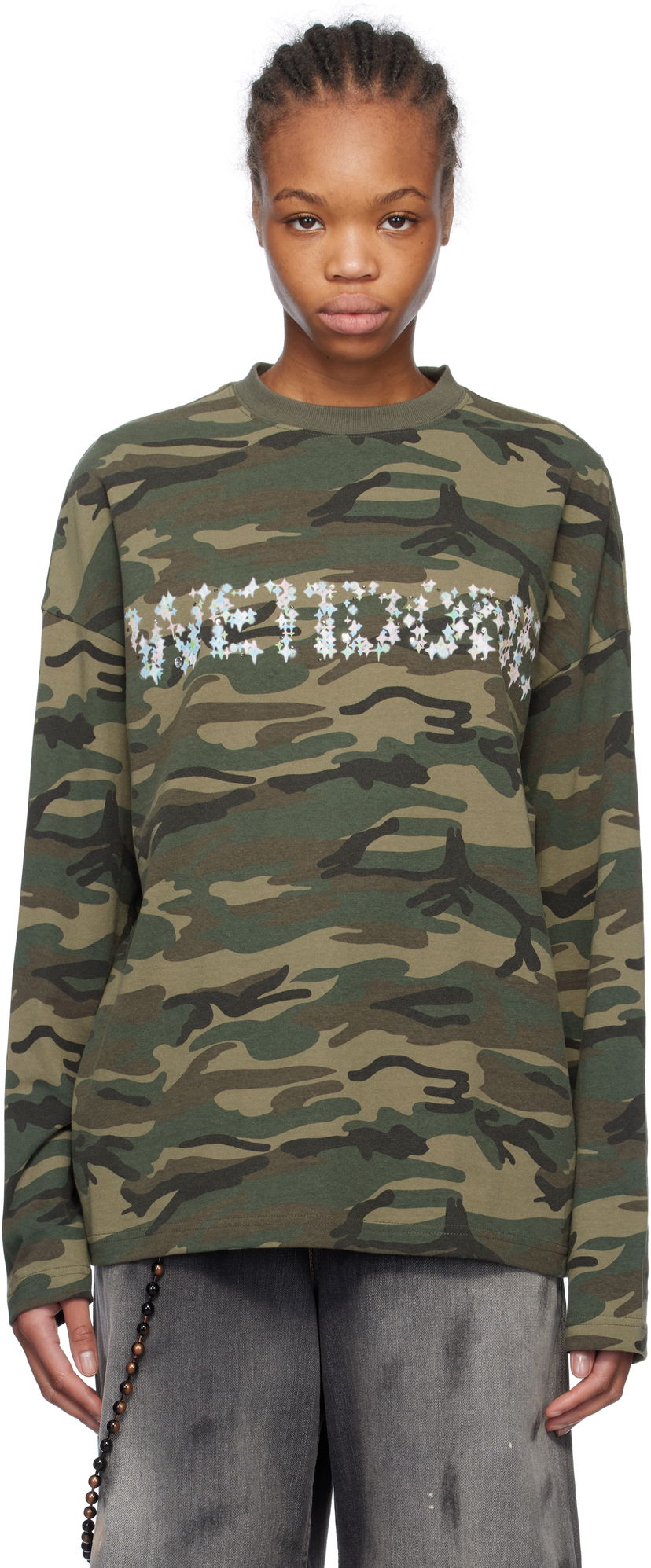 Majica We11done We11done Sparkle Logo Camo Long Sleeve T-Shirt Zelena | WD-TT0-25-742-U-MX