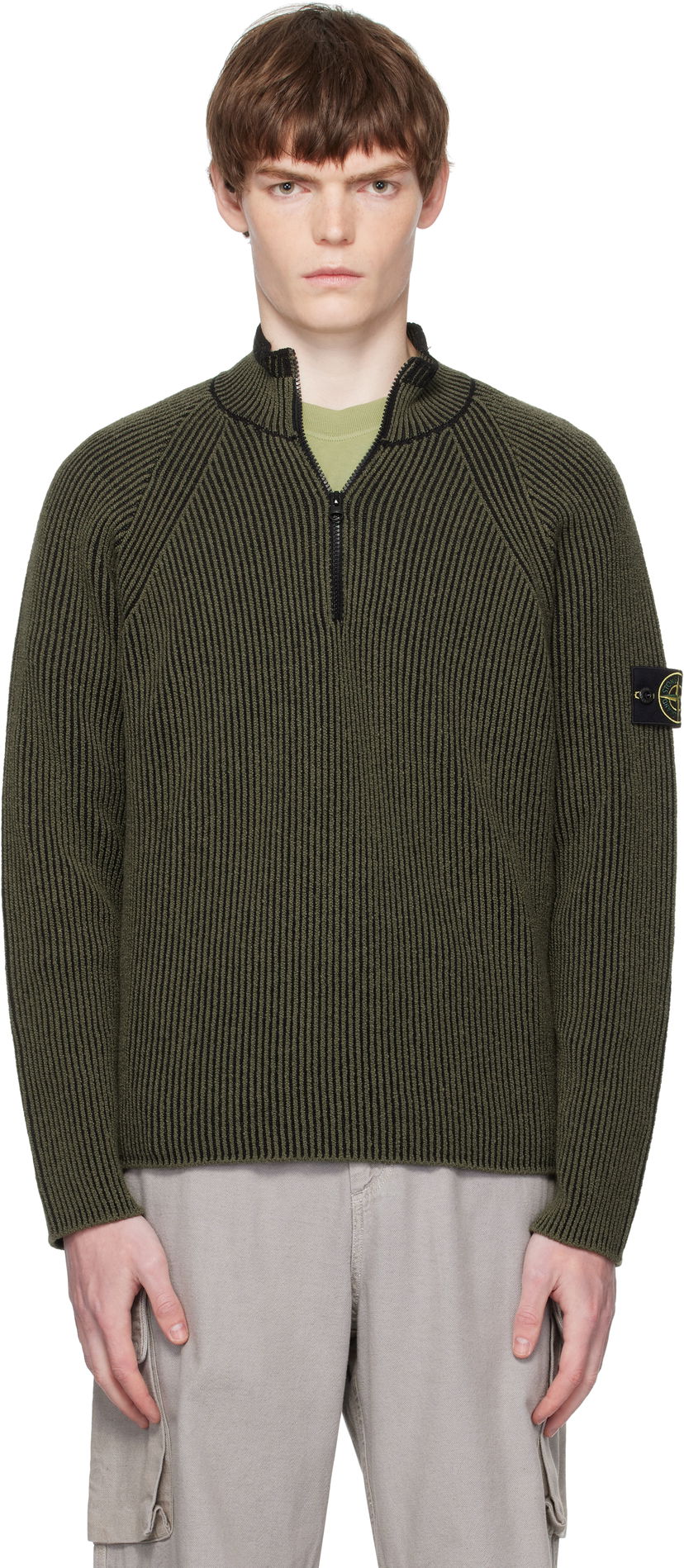 Pleteni pulover Stone Island Stone Island Full Rib RWS Wool Quarter-Zip Sweatshirt Zelena | K2S15 5100024 S00L7