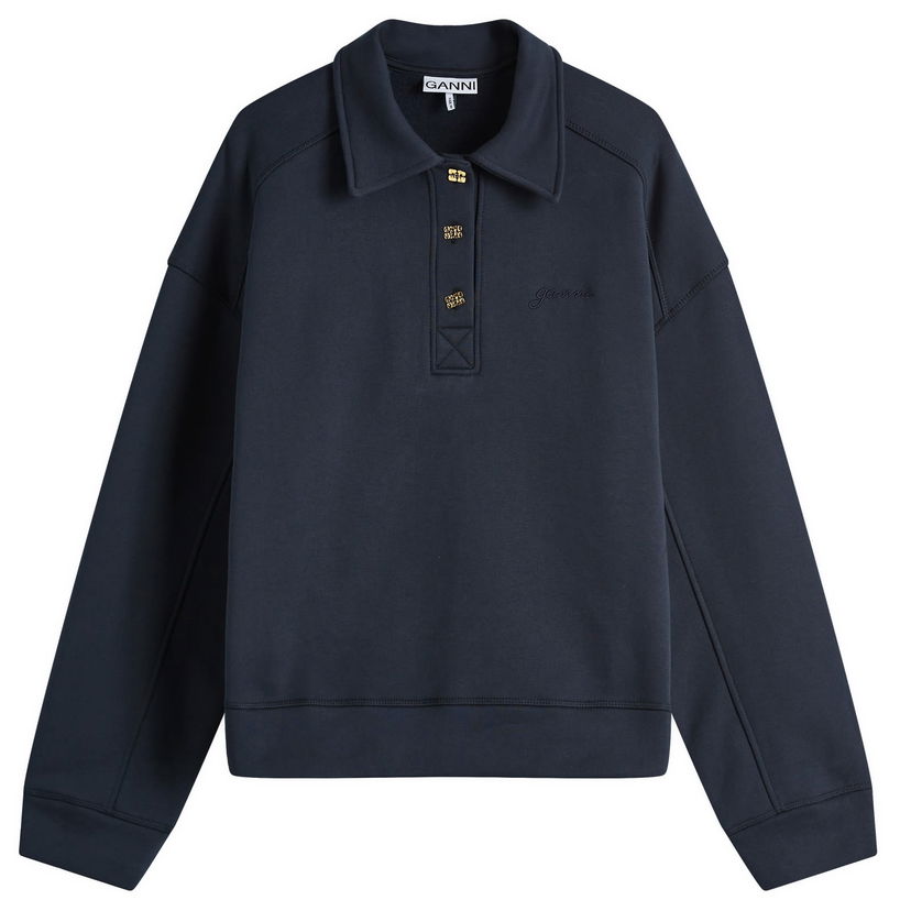 Pulover GANNI Fleece Polo with Drop Shoulders Črna | T4073-683