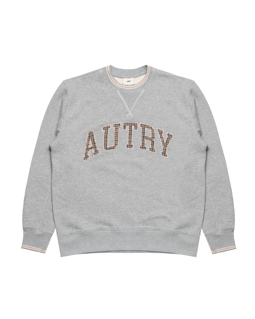 Pulover Autry Crew Neck Plaid Appliqué Sweatshirt with Striped Rib Trims Siva | SWPMU4HX