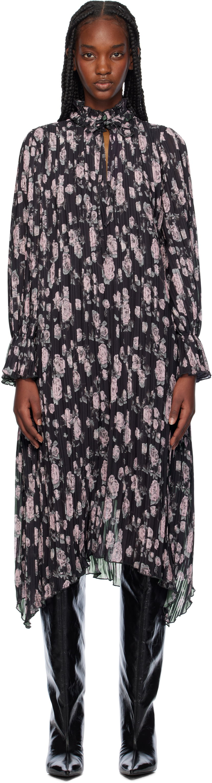 Obleke GANNI Floral Print Pleated Midi Dress Črna | F9551