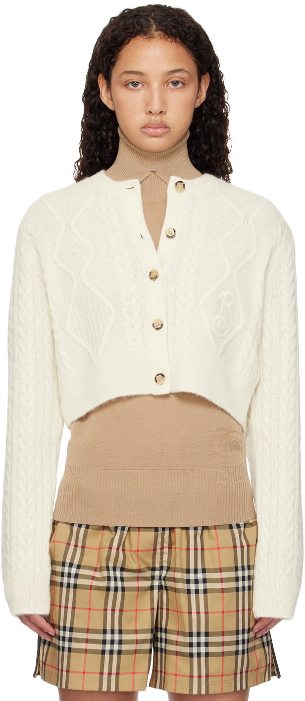 Pleteni pulover Burberry Burberry Cropped Aran Wool Blend Cardigan Bela | 8097967