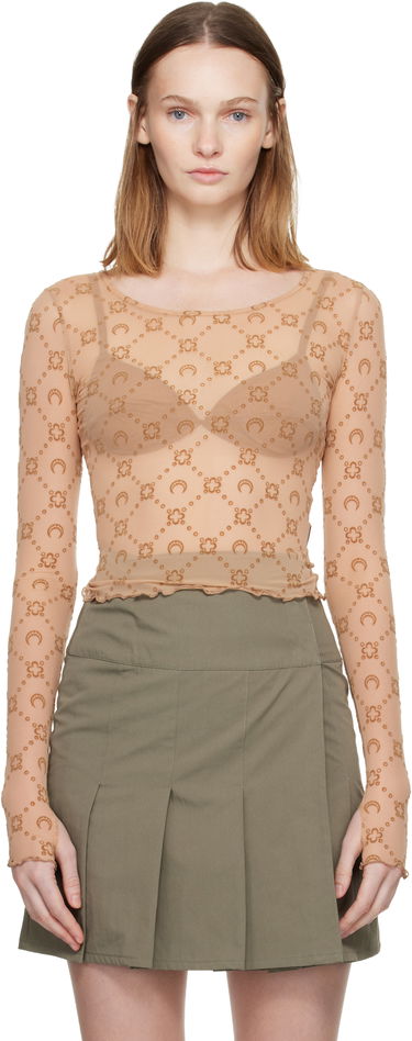 Krop-top Marine Serre Moonogram Mesh Flock Long Sleeve Cropped Top Bež | WTS012S CJER0005, 0