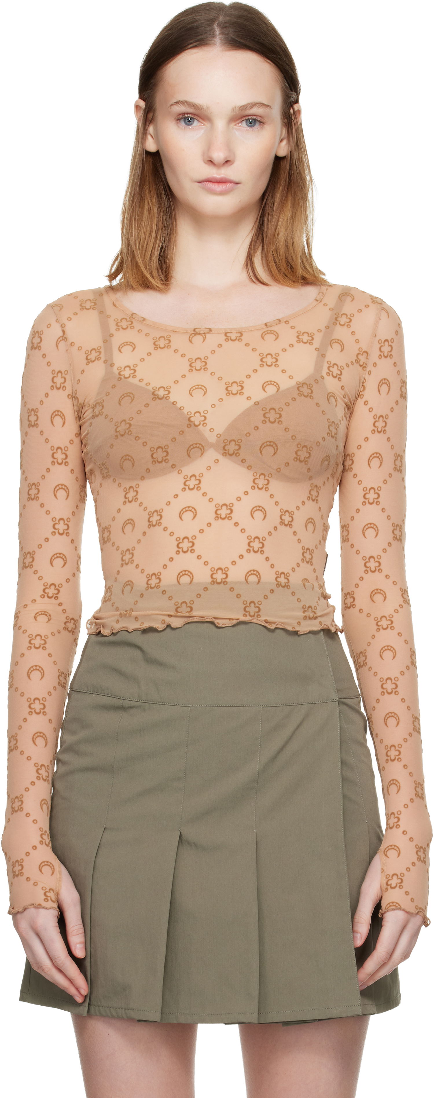 Krop-top Marine Serre Moonogram Mesh Flock Long Sleeve Cropped Top Bež | WTS012S CJER0005, 0