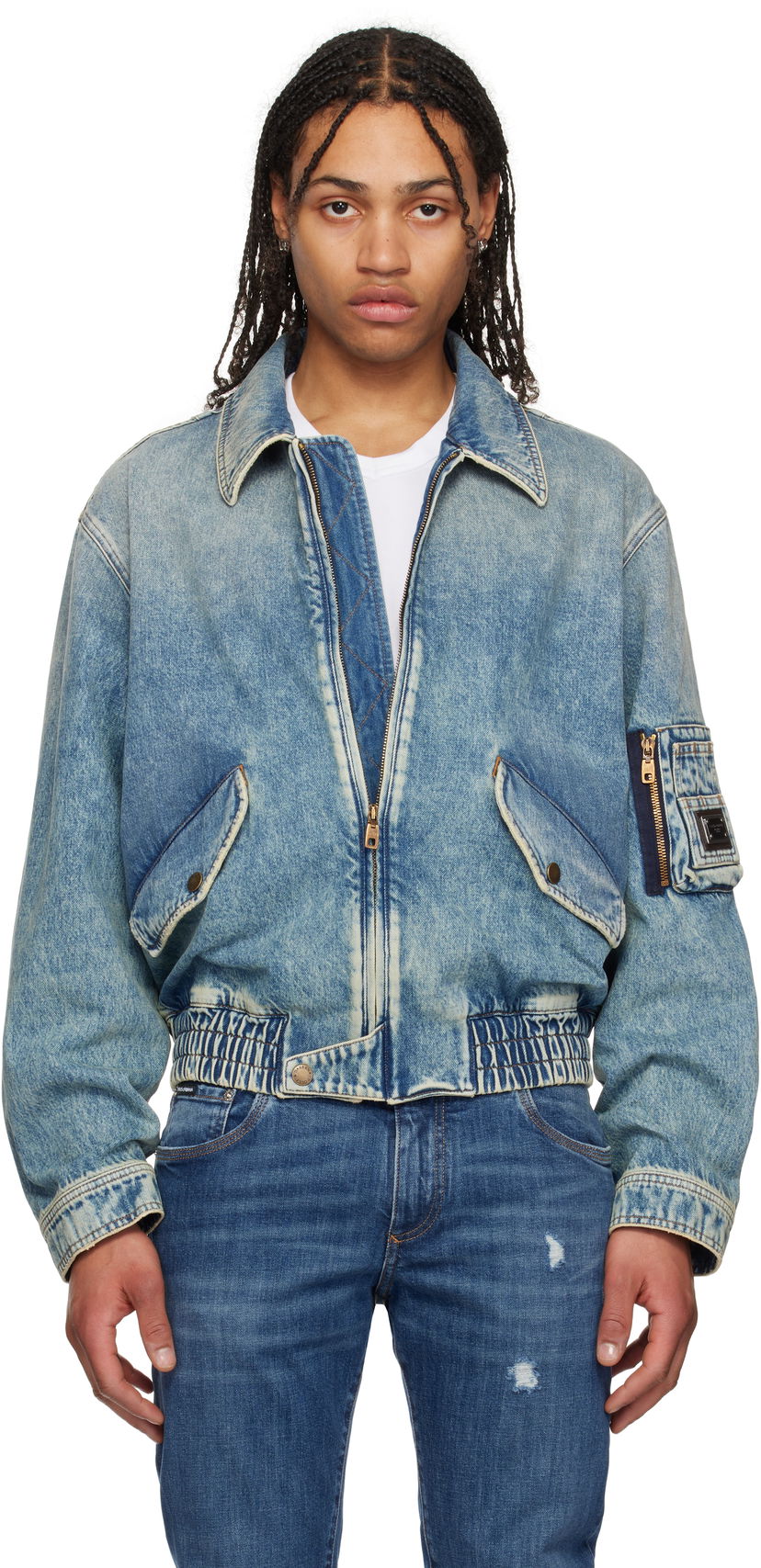 Bomber jakna Dolce & Gabbana Dolce&Gabbana Tag Denim Bomber Jacket Modra | G9BKNDG8ME5