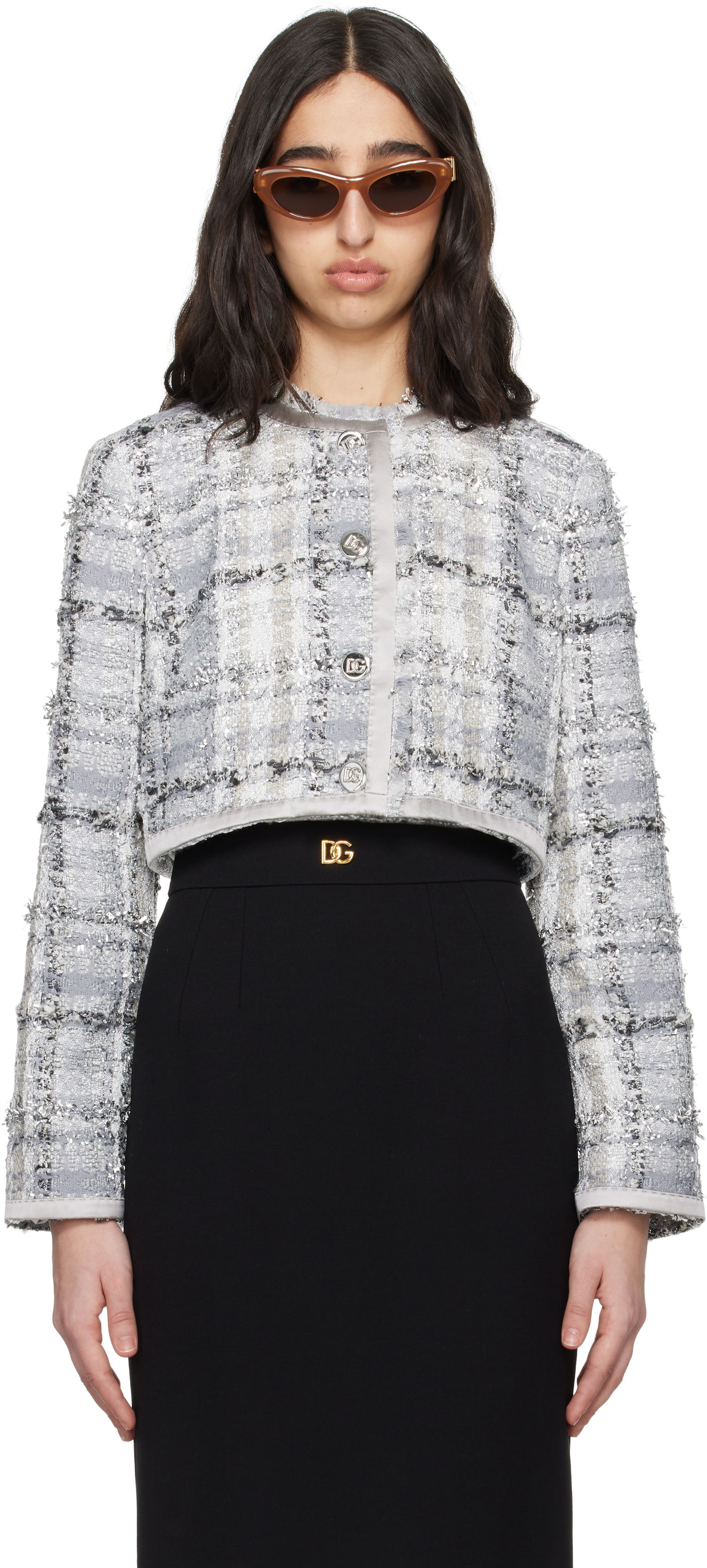 Jakna Dolce & Gabbana Dolce&Gabbana Short Check Lurex Raschel Tweed Jacket Siva | F27DQT FQZAE, 0