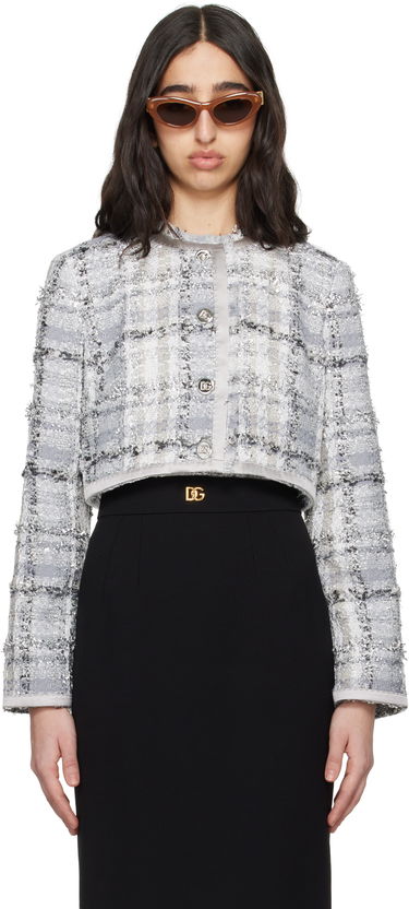Jakna Dolce & Gabbana Dolce&Gabbana Short Check Lurex Raschel Tweed Jacket Siva | F27DQT FQZAE, 0