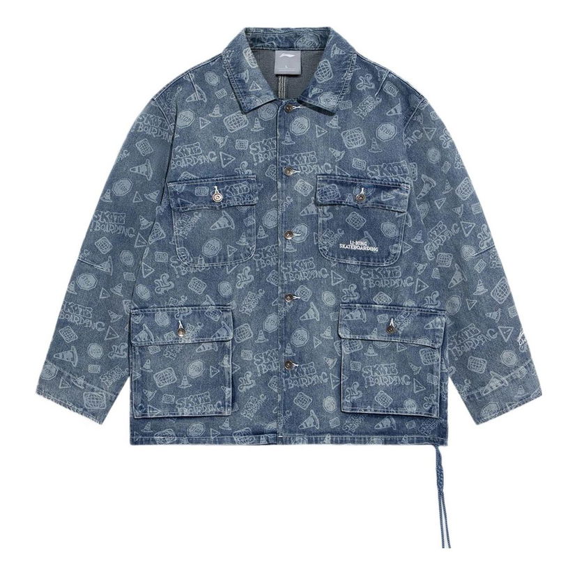 Jakna Li-Ning Skateboard Series Full Print Washed Denim Jacket Modra | AJDS047-1