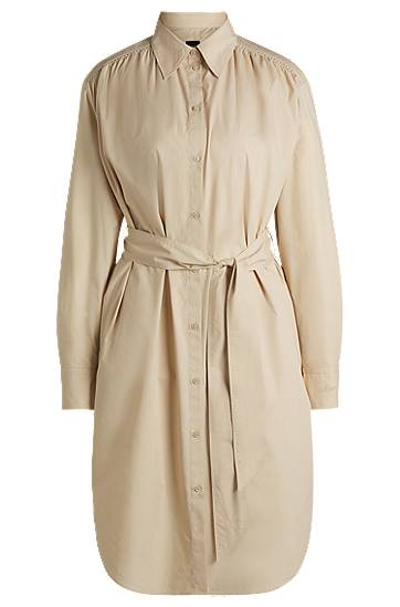 Obleke BOSS Cotton Poplin Belted Shirt Dress Bež | 50540368