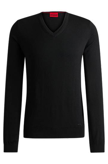Pleteni pulover BOSS Hugo V-Neck Regular-Fit Virgin Wool Sweater Črna | 50474172